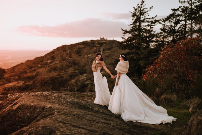 January brides on mountain at golden hour