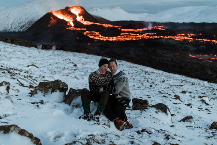 same sex couple volcano and lava in Iceland