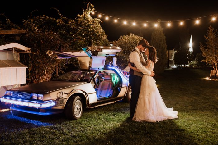 back to the future car at couples wedding