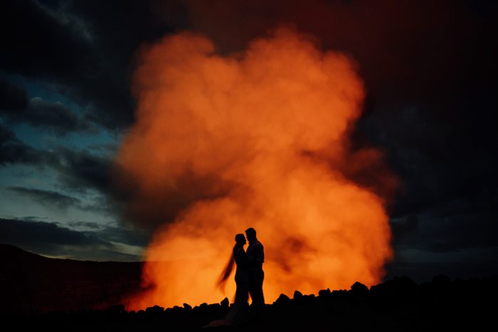 live volcano and wedding couple