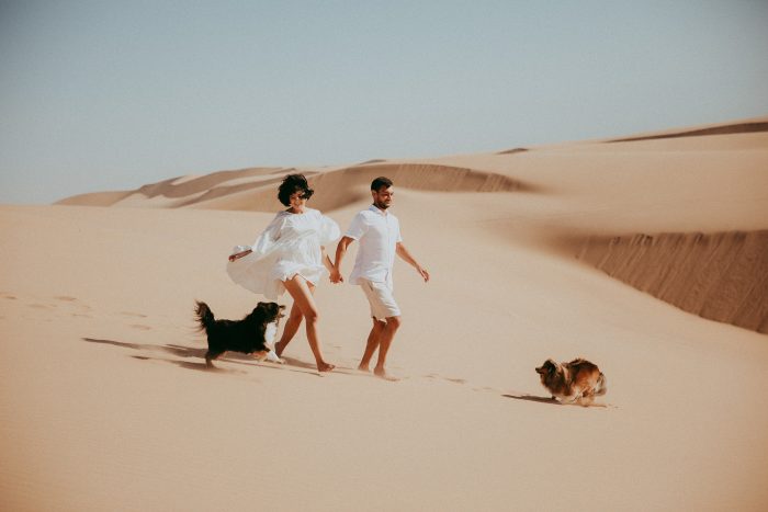 couple and their two dogs on sand dunes in Namibia