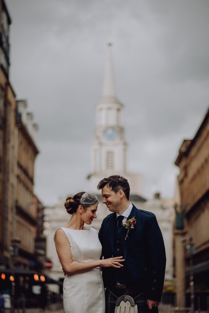 Scottish wedding couple in front of church