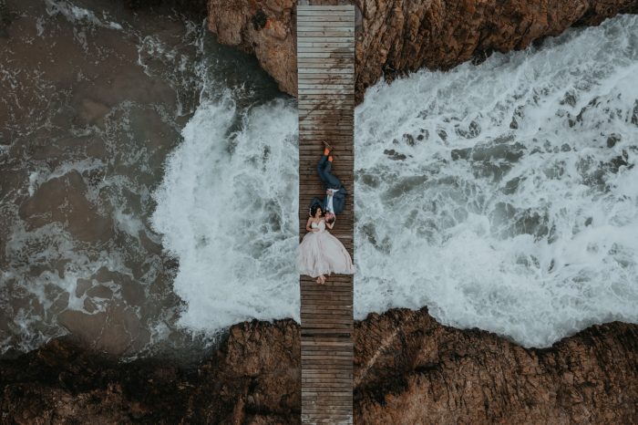Drone Wedding Photography on bridge over water