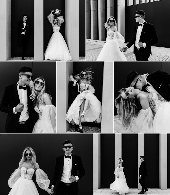 collage photo black and whites fun wedding couple