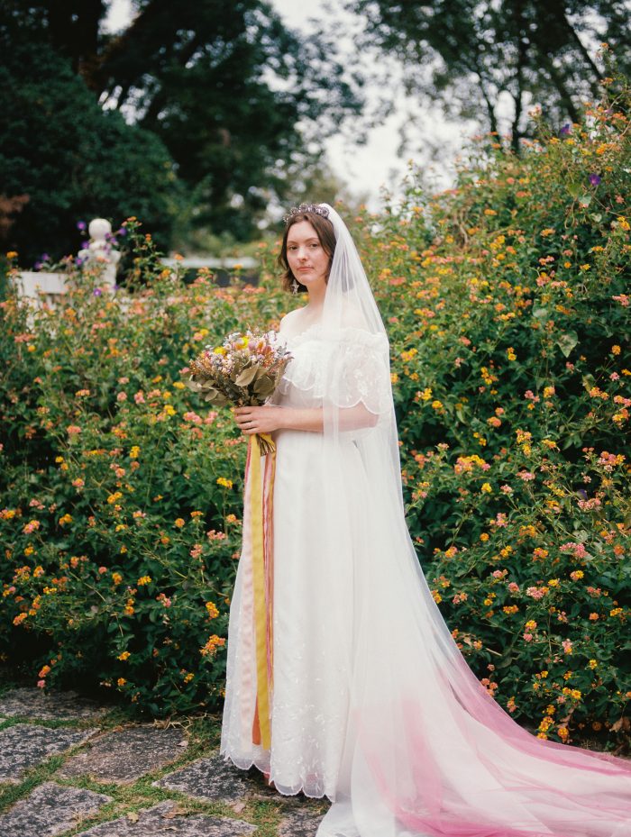 film photo of bride in garden
