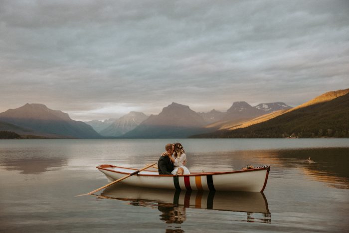 wedding day couple in canoe