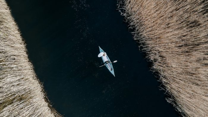 drone photograph couple in boat