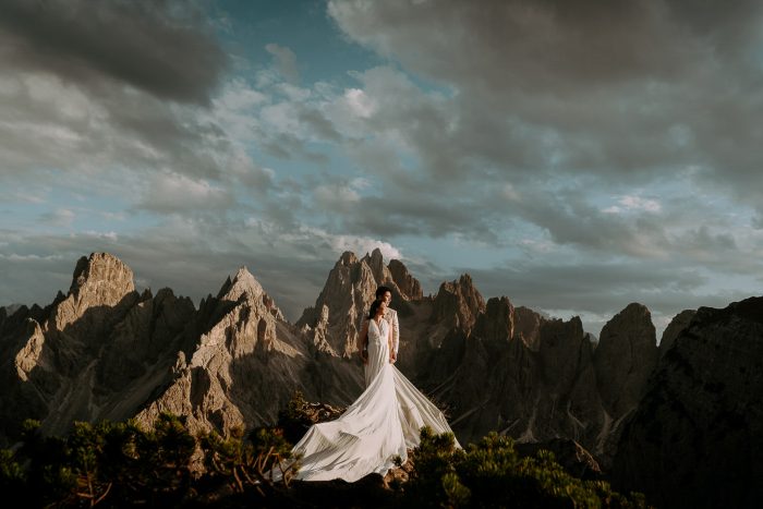 bride and groom posing in The Dolomites