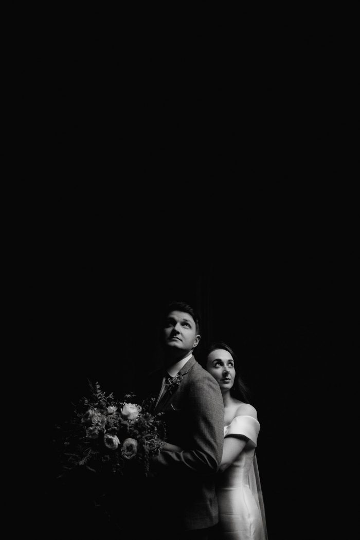 dark black and white portrait bride and groom