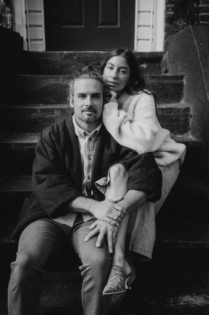 black and white couple portrait on Brooklyn stoop