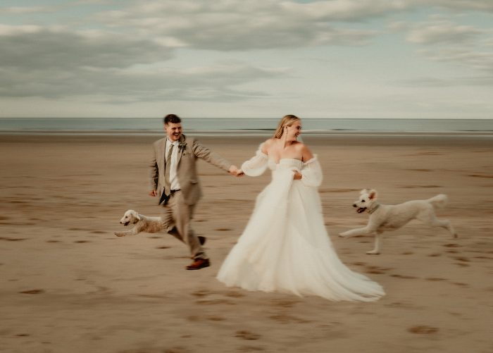 wedding couple and their dogs running on beach