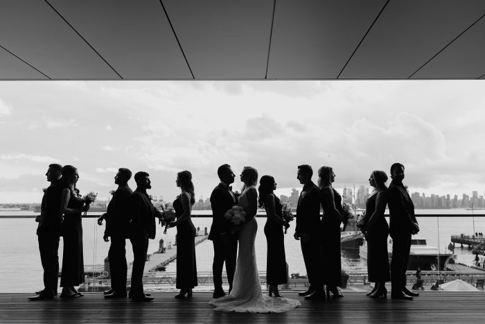 black and white bridal party photo