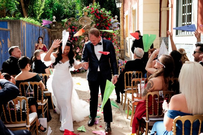 wedding recession with paper airplanes 