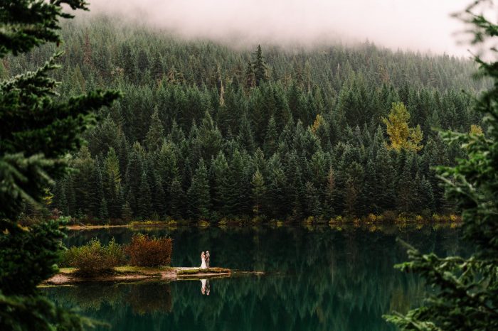 serene photo with lake and pine trees and a couple